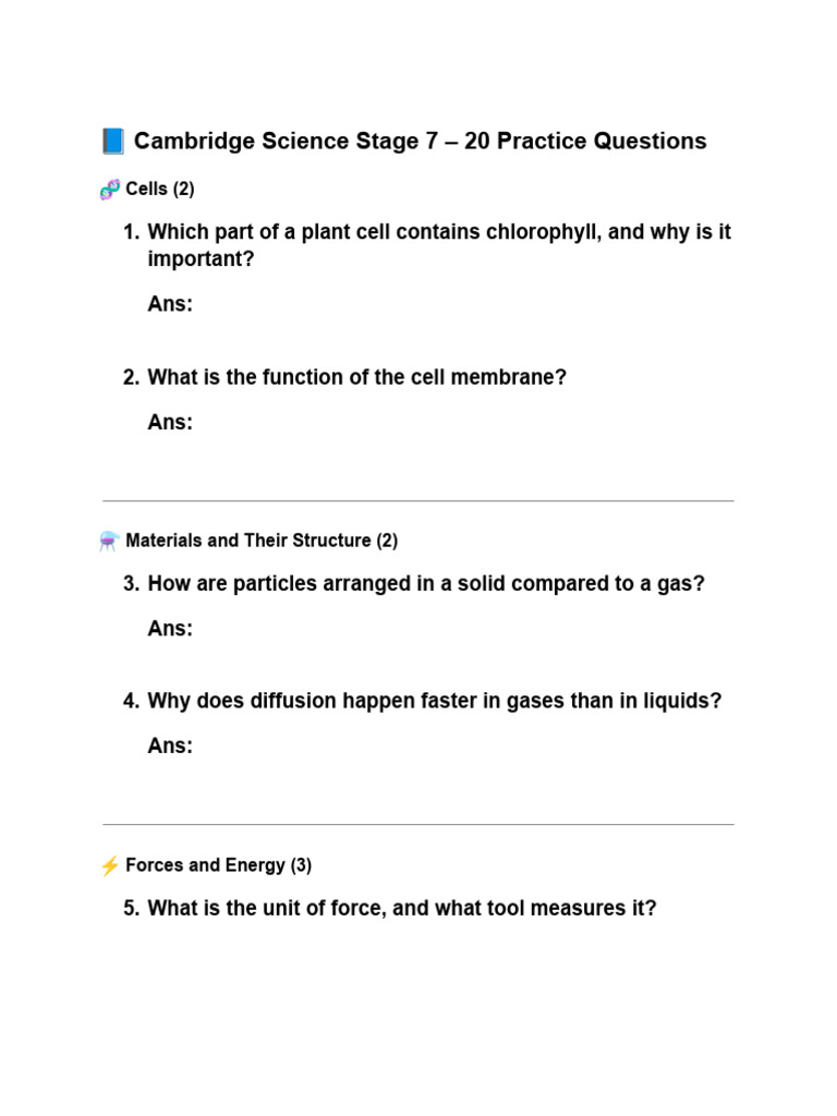 Cambridge Science Stage 7 Practice Questions | PDF
