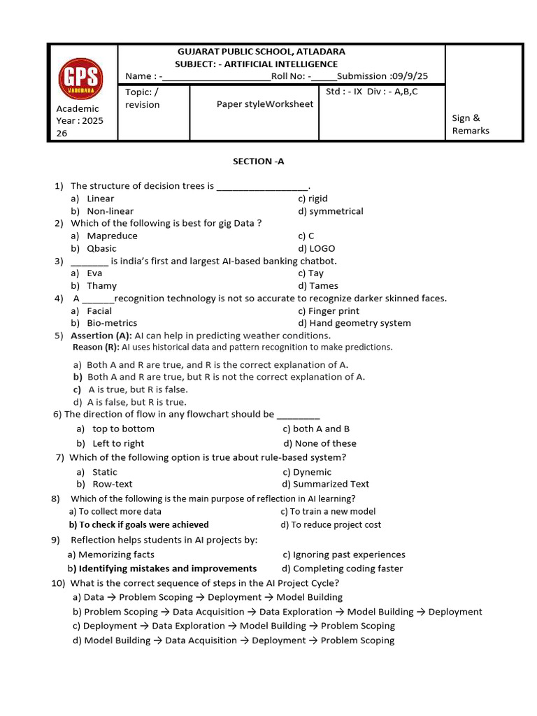 AI Worksheet for IX Grade Students | PDF | Artificial Intelligence ...