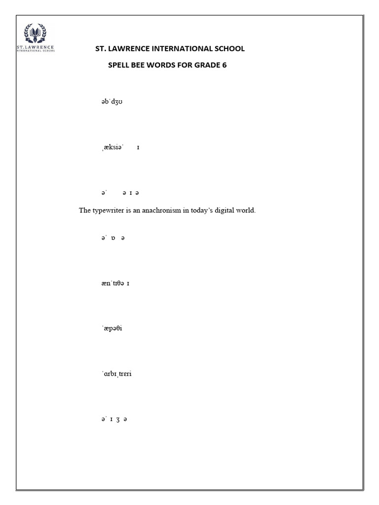 Grade 6 Spell Bee Vocabulary List | PDF
