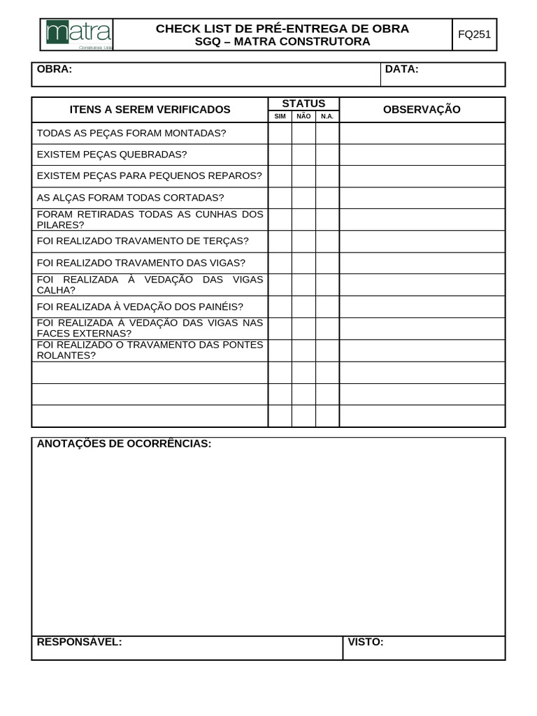 Check List Pré-Entrega de Obra | PDF