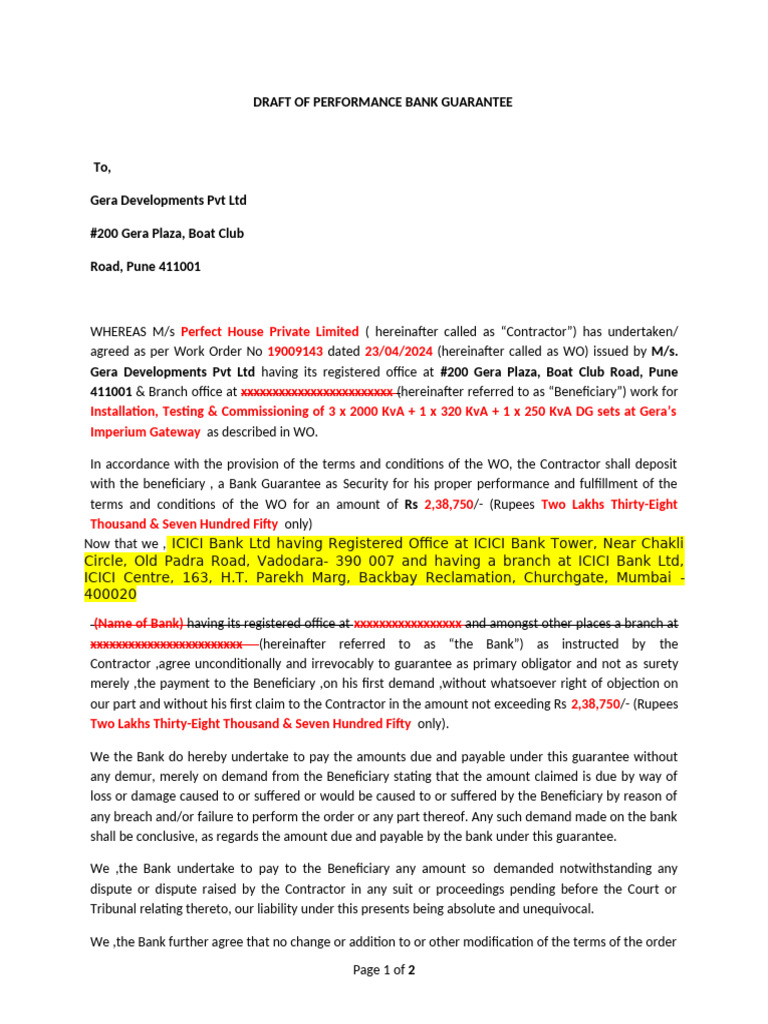 Performance Bank Guarantee Draft Template | PDF | Justice | Crime ...