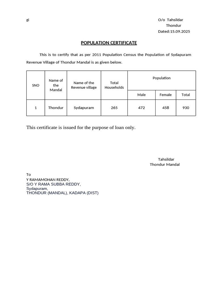 Sydapuram Population Certificate 2025 | PDF