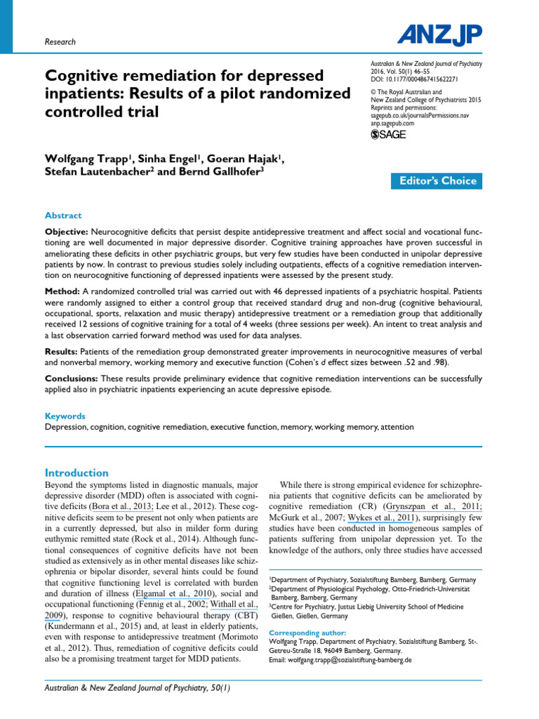 Cognitive Remediation For Depressed Inpatients - Results of A Pilot ...