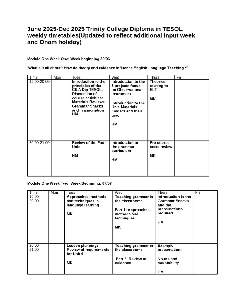 Trinity College TESOL Diploma Timetable | PDF | English As A Second Or ...