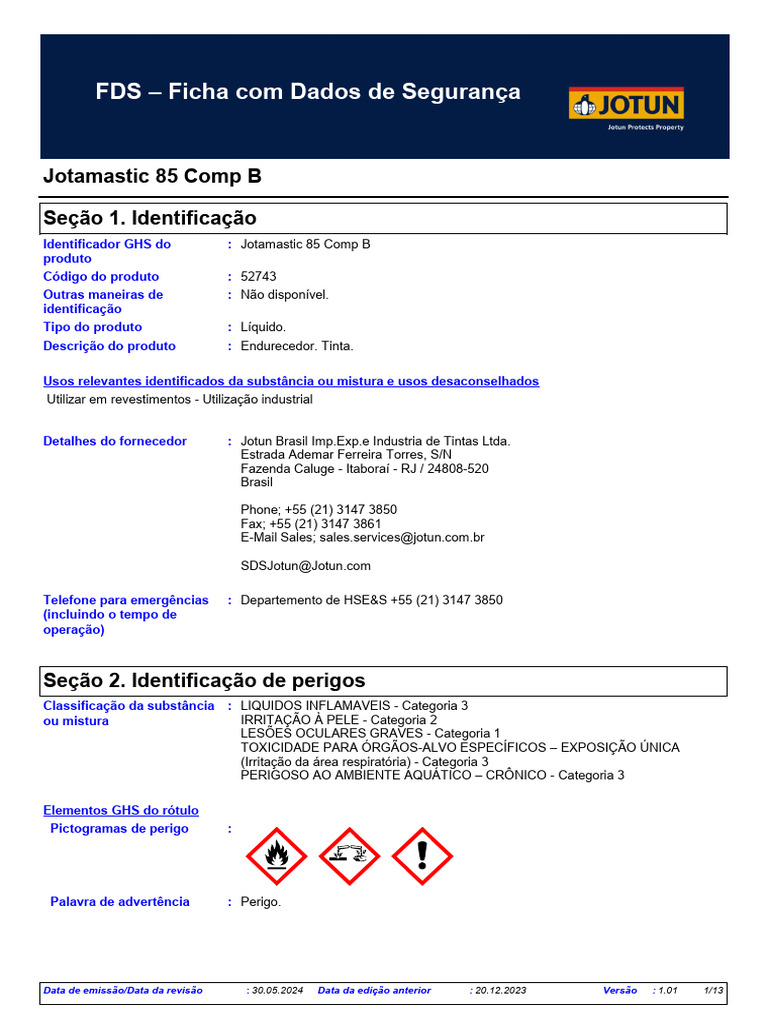 Ficha de Segurança Jotamastic 85 Comp B | PDF | Desperdício | Solubilidade