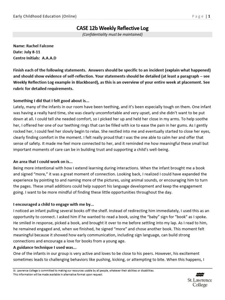 Weekly Reflective Log in ECE | PDF | Infants | Behavioural Sciences