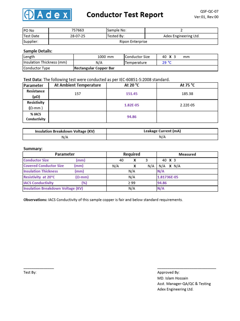 Conductor Test Report: Sample Details | PDF | Insulator (Electricity ...