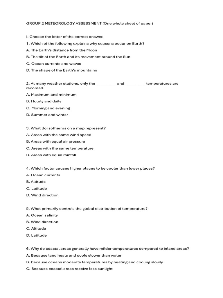 Meteorology Assessment Questions and Answers | PDF | Earth | Fahrenheit