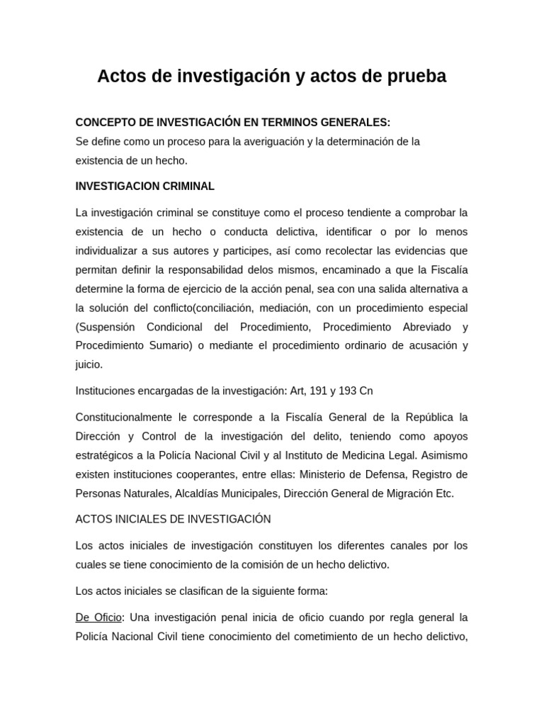 Actos de Investigación y Prueba Penal | PDF | Ley procesal | Ley común