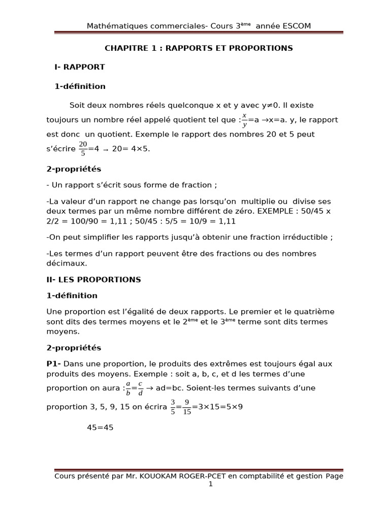 Rapports et Proportions en Mathématiques | PDF | Effet de commerce ...