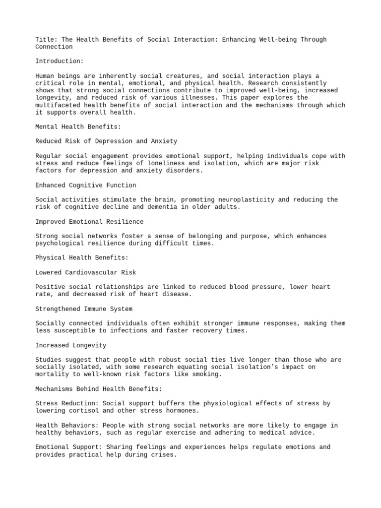 Health Benefits of Social Interaction | PDF | Stress (Biology ...