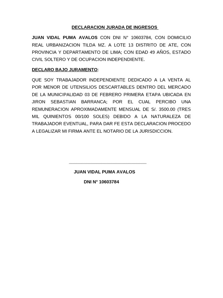Declaración Jurada de Ingresos 2023 | PDF