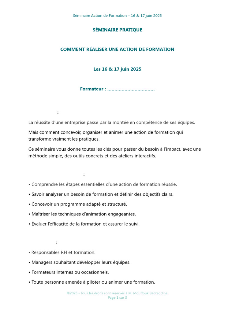 Séminaire sur l'Action de Formation 2025 | PDF | Pédagogie | Facilitateur