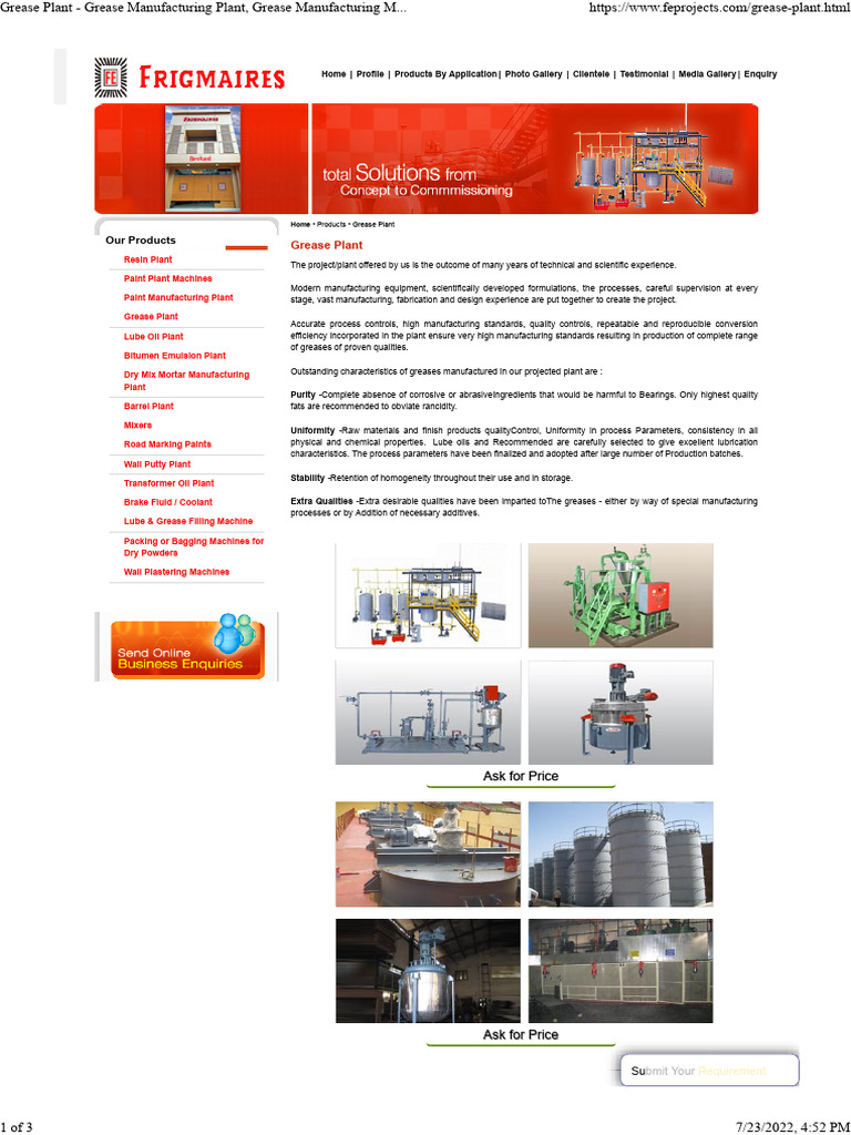 Grease Manufacturing Plant Solutions | PDF | Lubricant | Bearing ...