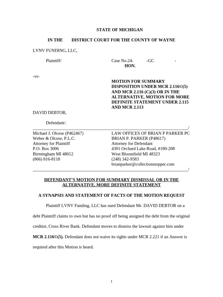 Motion to Dismiss Debt Lawsuit | PDF | Lawsuit | Pleading