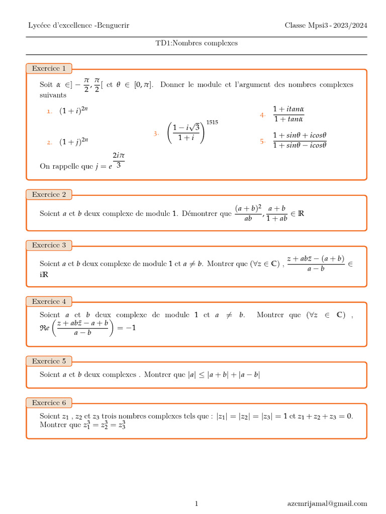 TD Nombres Complexes MPSI3 2023/2024 | PDF | Nombre complexe | Zéro d ...