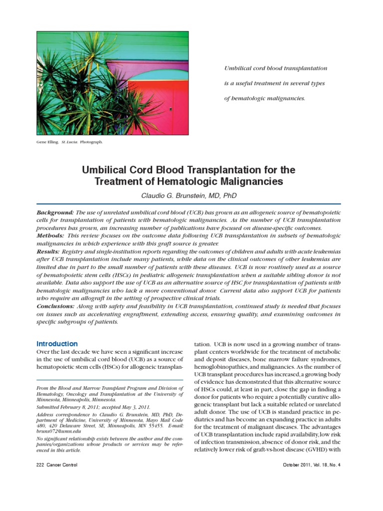 Umbilical Cord Blood Transplantation For The Treatment of Hematologic