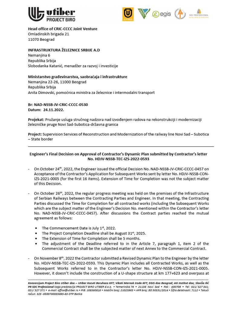 565 Nad NSSB JV Cric CCCC 0530 Odluka Inzenjera Rokovi | PDF | Railway ...