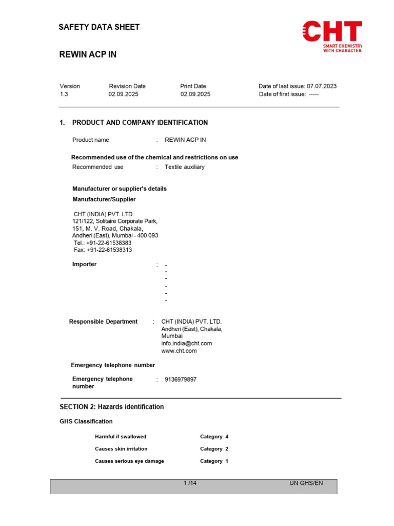 REWIN ACP IN Safety Data Sheet | PDF | Toxicity | Dangerous Goods