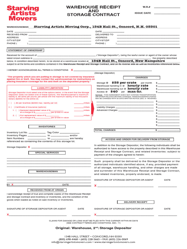 NH Starving Artists Movers Warehouse Receipt and Storage | PDF | Duty ...