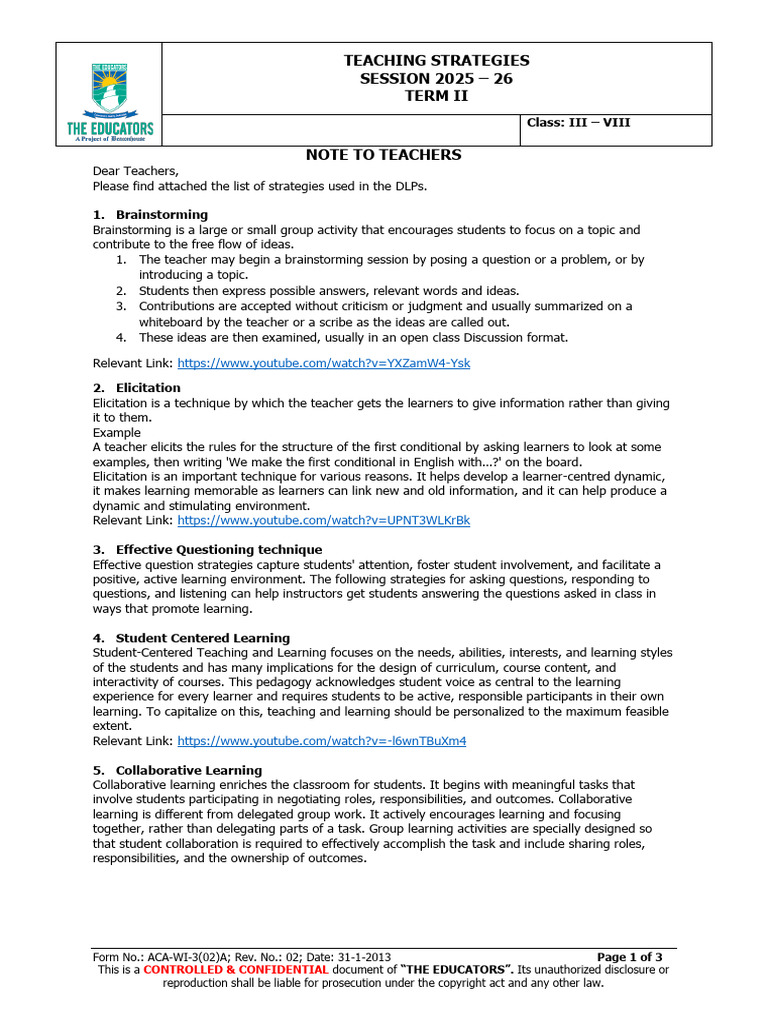 Teaching Strategies for Effective Learning | PDF | Learning | Inquiry ...