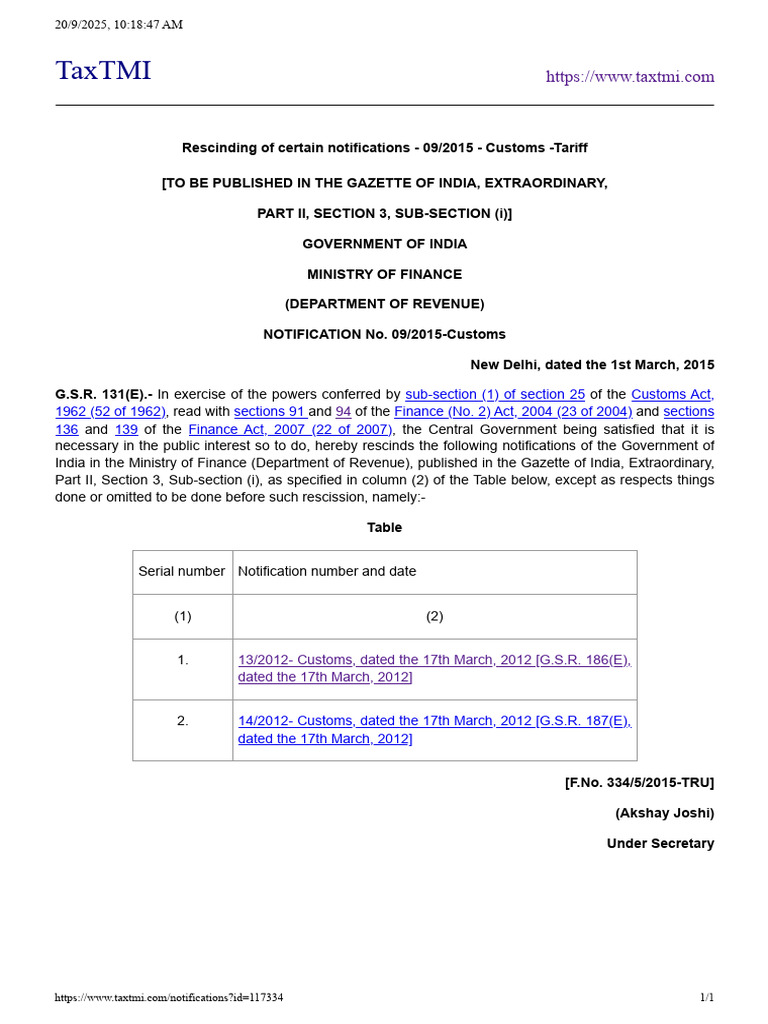 Rescinding of Certain Notifications - 09 - 2015 - Customs - Tariff | PDF