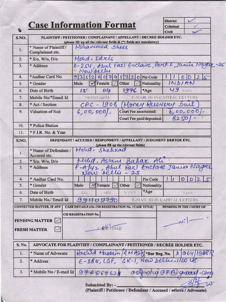 Civil Suit Case Information Format | PDF | Common Law