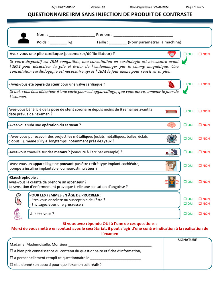 Questionnaire IRM sans injection | PDF | Radiologie | Imagerie par ...
