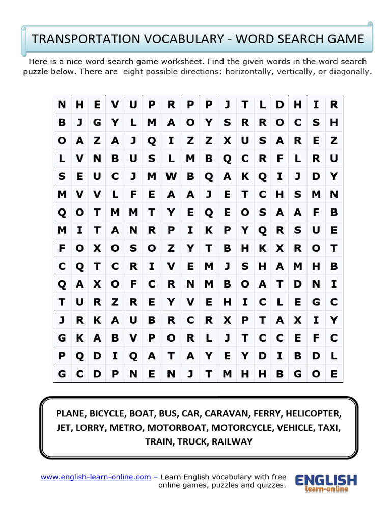 Transportation Vocabulary Word Search | PDF
