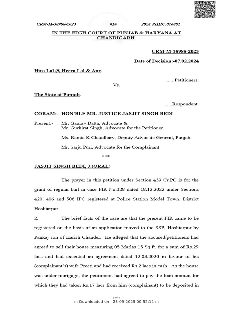 Punjab Bail Decision for Hira Lal Case | PDF | Bail | Justice