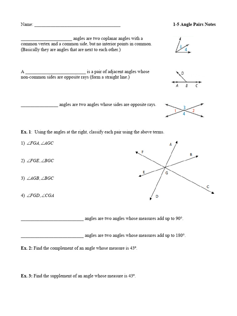 Angle Pairs and Relationships Notes | PDF