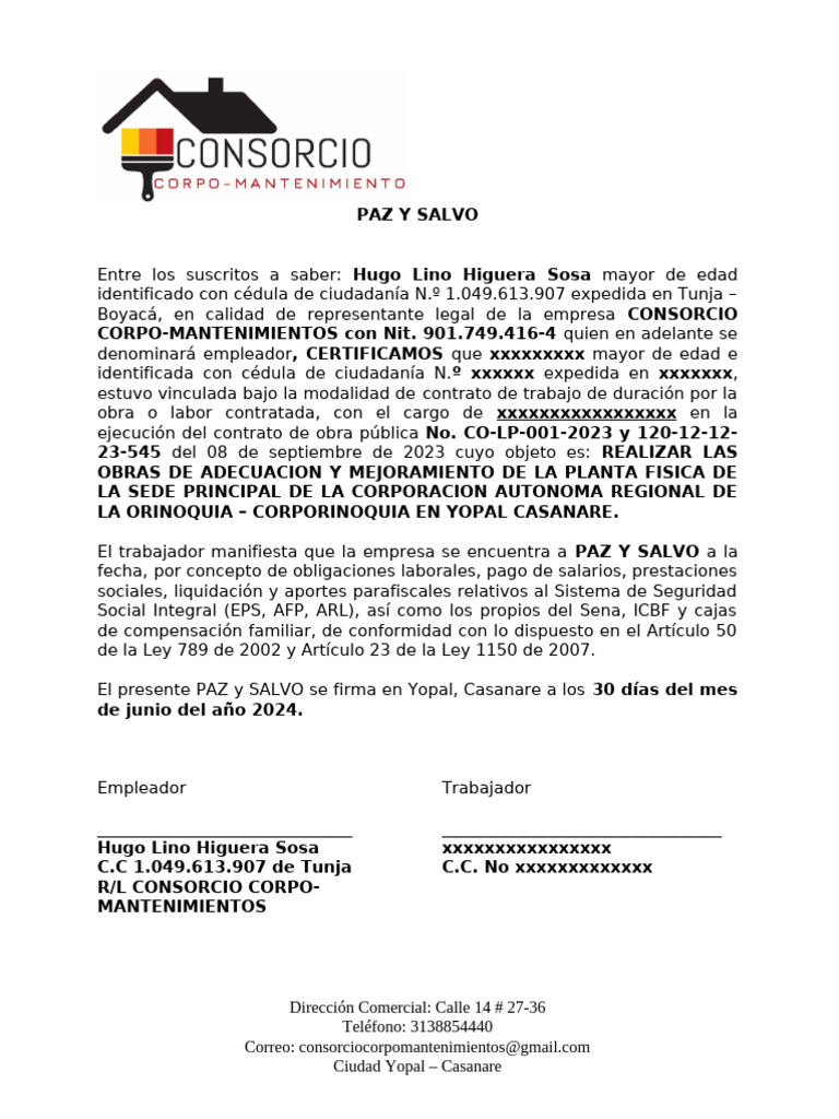 Certificado de Paz y Salvo Laboral | PDF