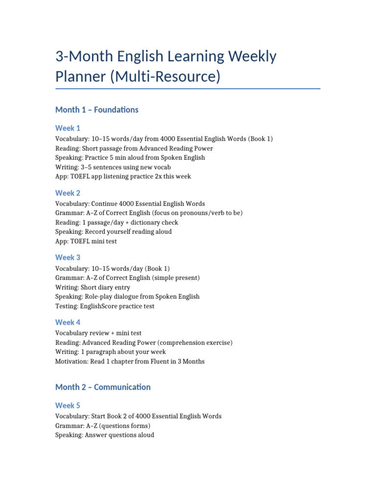 3-Month English Learning Planner | PDF | English Language | Vocabulary