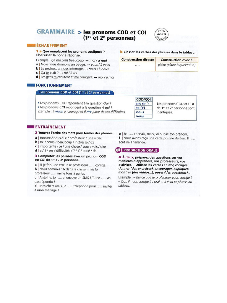 Pronoms COD Et COI Exercices | PDF