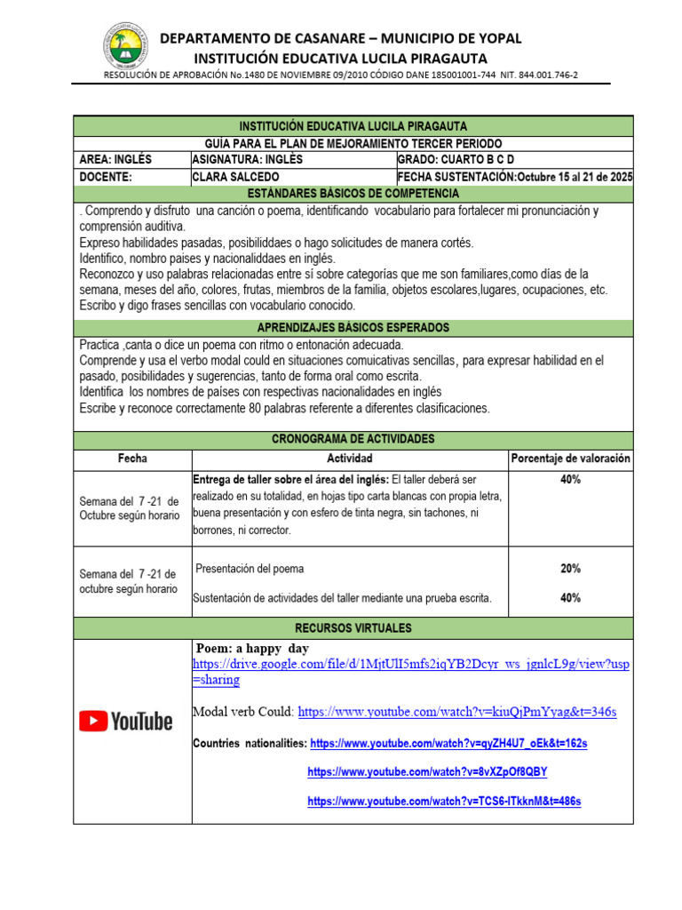 Guía de Mejoramiento en Inglés 4° BCD | PDF | Lingüística | Fonética