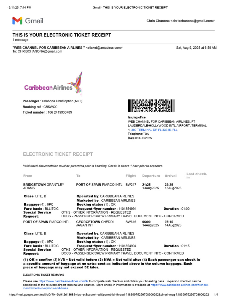 Caribbean Airlines Electronic Ticket Receipt | PDF