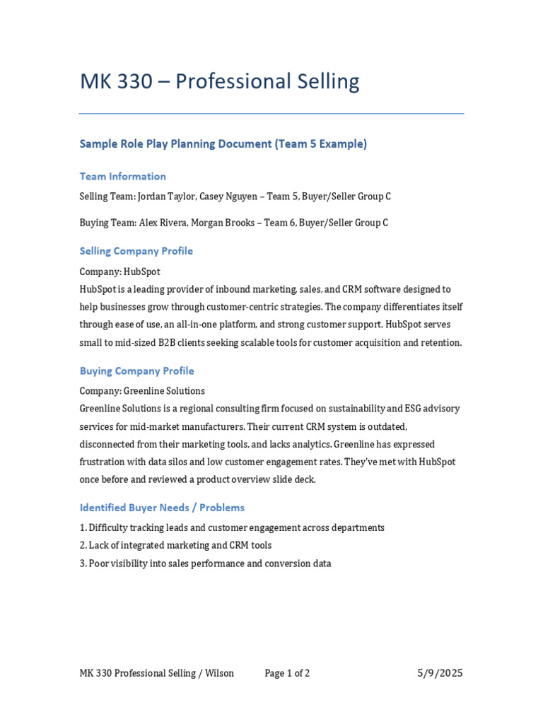 Role Play Planning Template Example 5.12.25 | PDF | Customer ...
