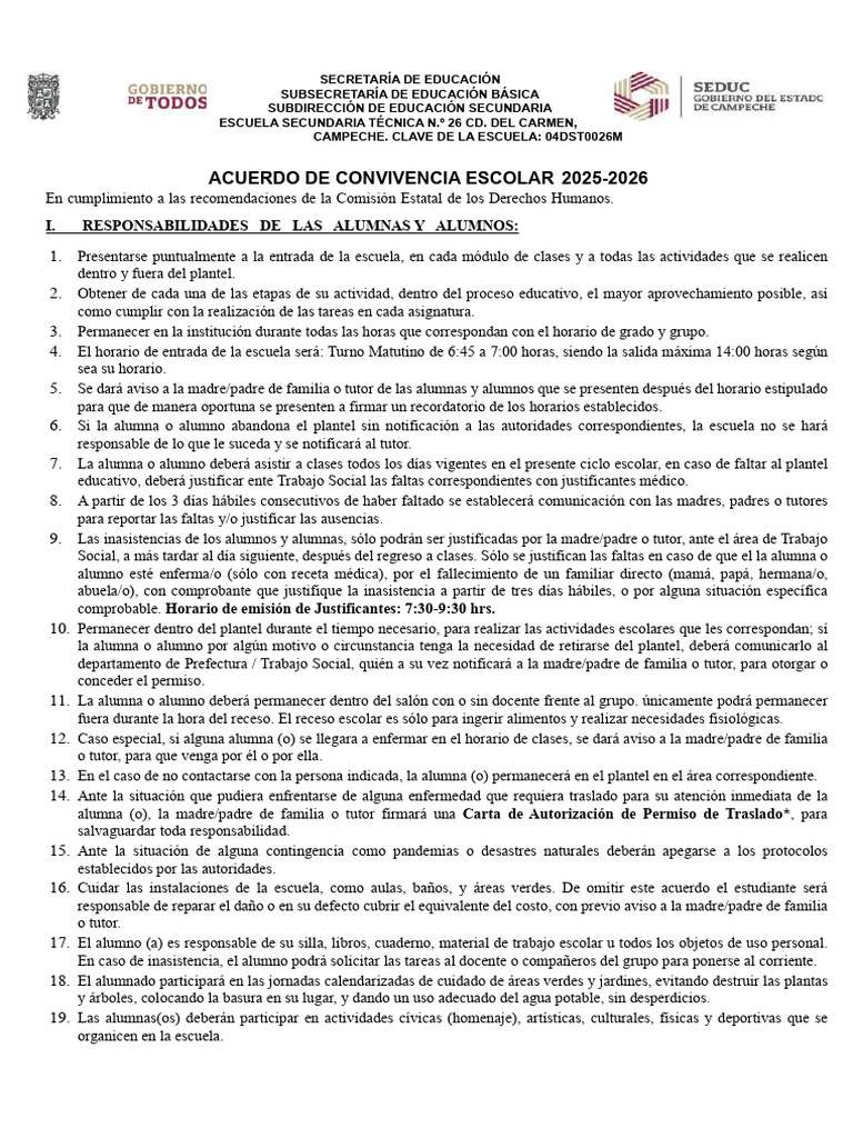 Acuerdo de Convivencia Escolar 2025-2026 | PDF | Abuso infantil | Escuelas