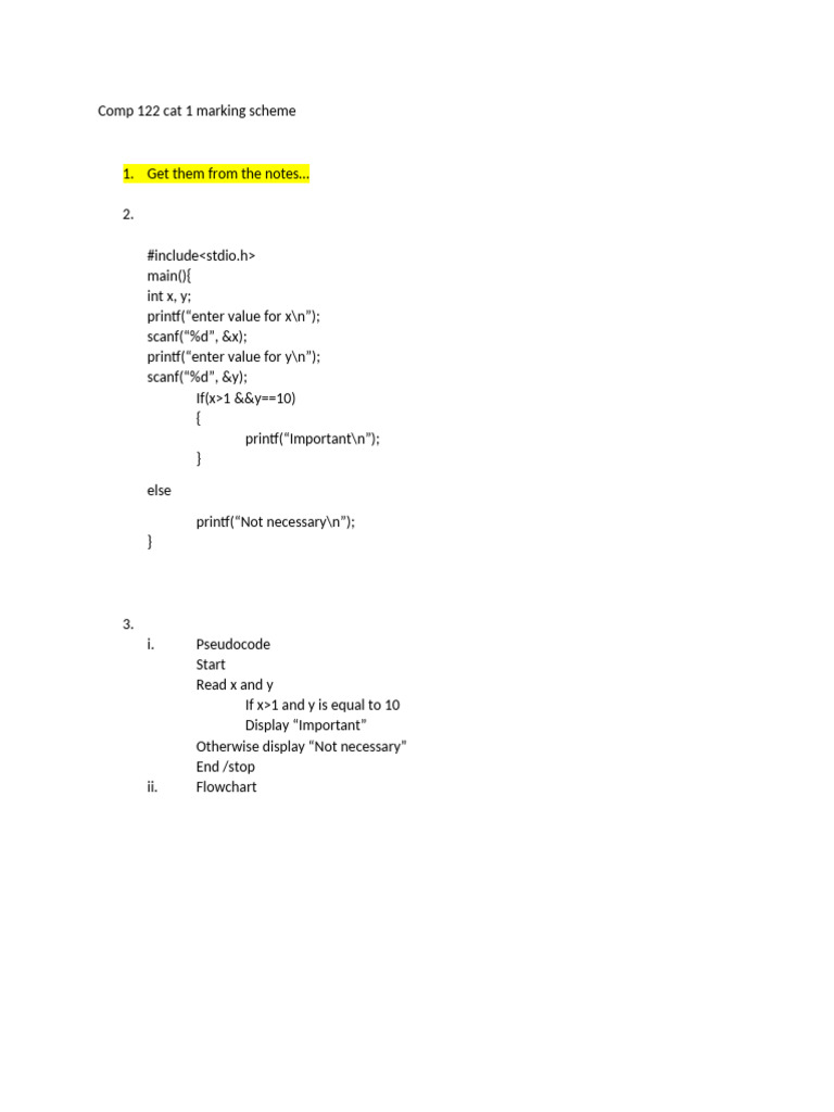 Comp 122 Cat 1 Marking Scheme Guide | PDF
