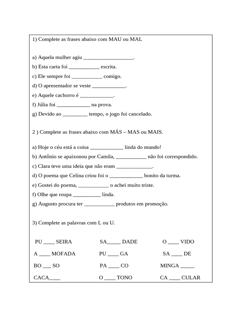 Exercícios de Português: MAU e MAL | PDF