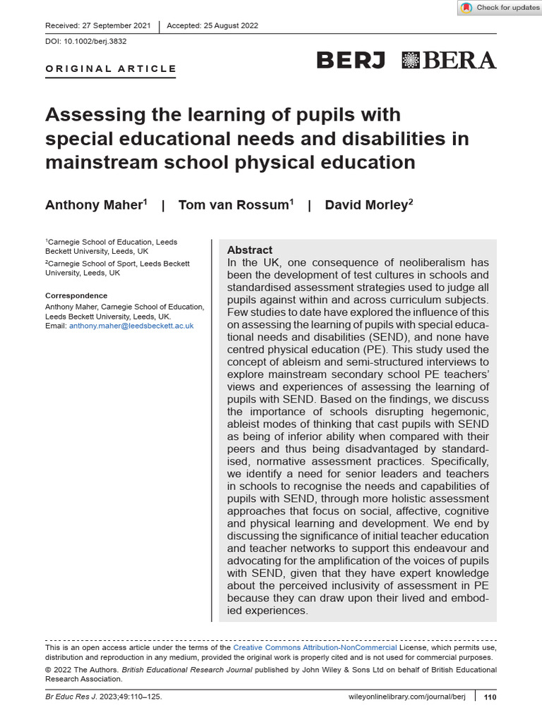 Assessing SEND in UK Physical Education | PDF | Physical Education ...