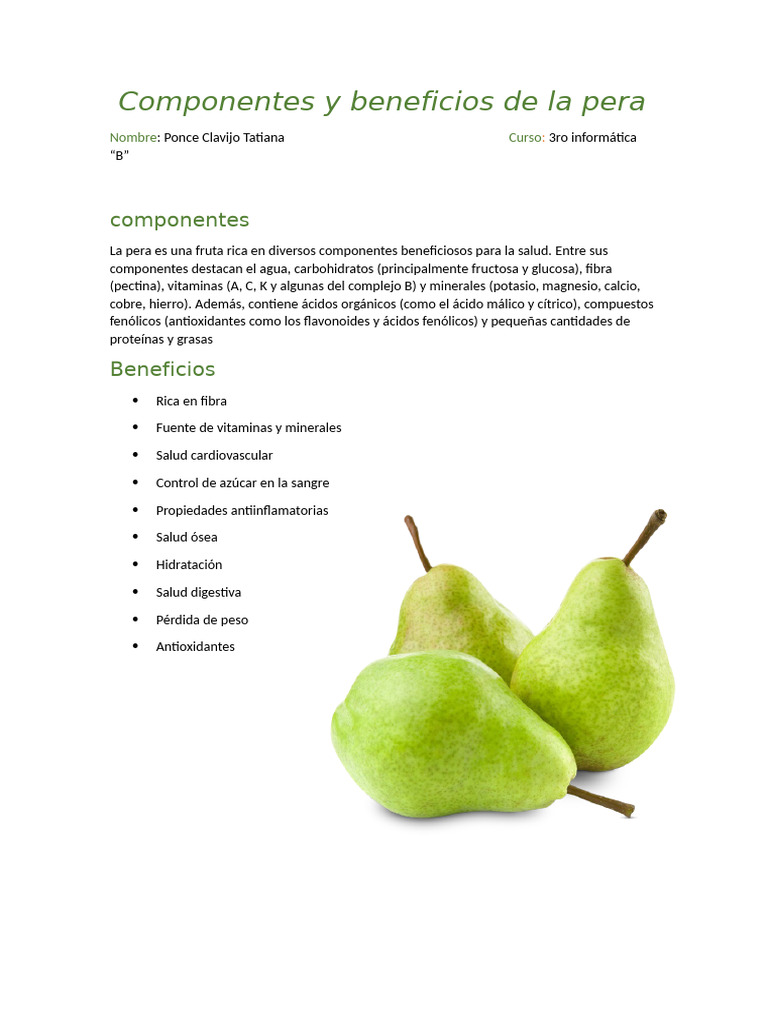 Componentes y beneficios de la pera | PDF