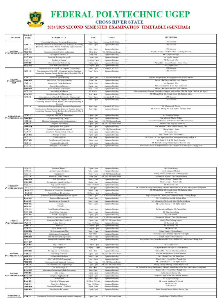 1st September To 10th September 2nd Semester Exam TimeTable Final | PDF ...