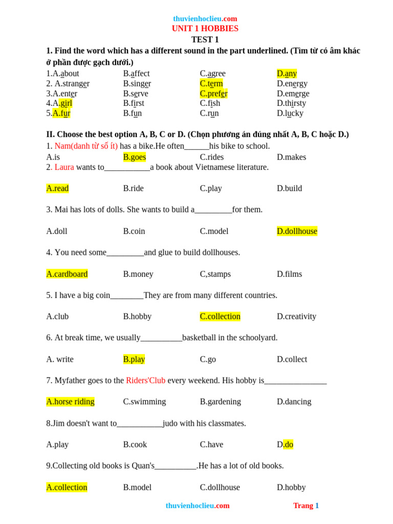 Hobbies Test for English Learners | PDF