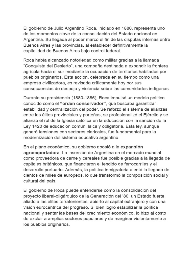 El gobierno de Roca y su legado en Argentina | PDF