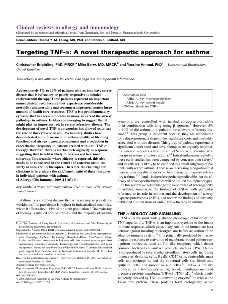 J Allergy Clin Immunol 2007, 121, 5-10 Targeting TNF-A - A Novel ...
