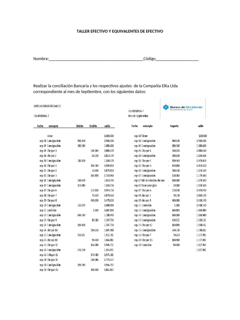 Taller Efectivo y Equivalentes de Efectivo | PDF | Bancos | Cheque