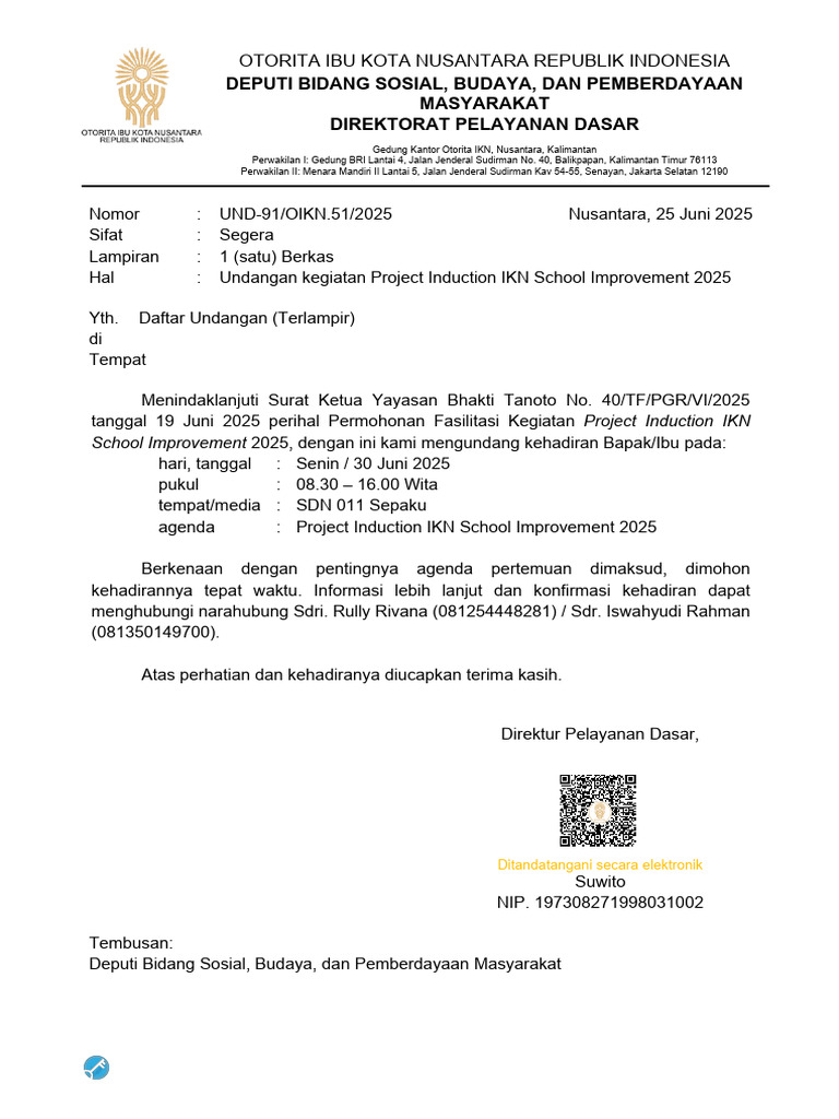 Undangan Kegiatan Project Induction IKN School Improvement 2025 | PDF