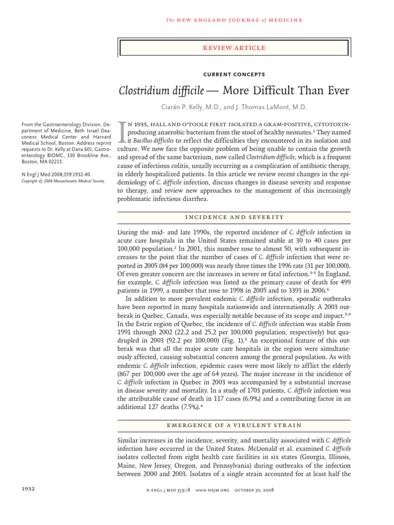 Diarrea Clostridium Difficile (NEJM 2008) | PDF | Infection | Diarrhea