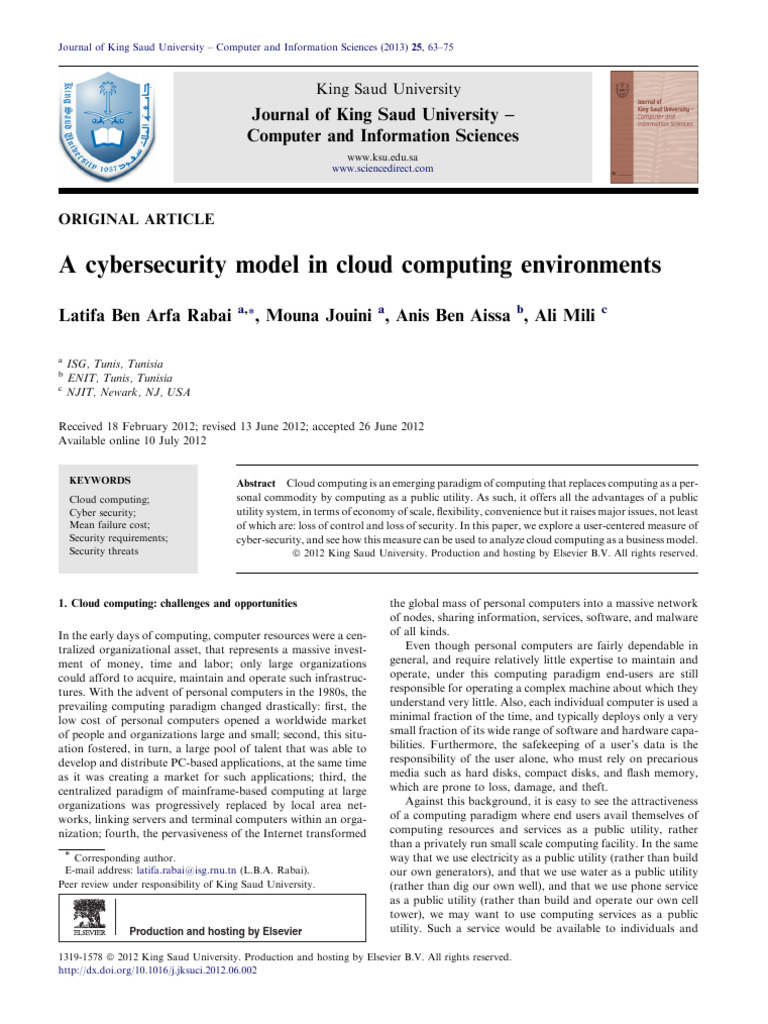 Cybersecurity in Cloud Computing Models | PDF | Risk | Risk Management